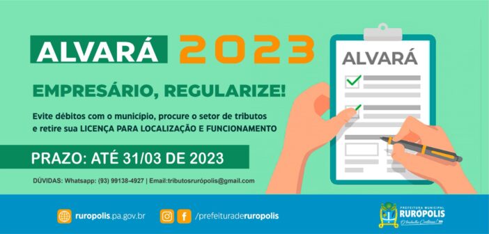 ALVARÁ 2023 – PRAZO ATÉ 31 DE MARÇO DE 2023.